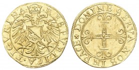 ZÜRICH Stadt Halbe Goldkrone o. J. (um 1560). Doppeladler mit dem Zürcher Wappenschild auf der Brust. Oben keine Krone. Rv. Lilienkreuz mit Verzierung...