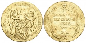 Bern 2 Dukaten 1727 . Zwei Löwen mit Schwert und Palmzweig, unter der Wappenkartusche Löwenkopf von vorn. Neuer Rs.-Stempel, in der Kartusche unten ei...