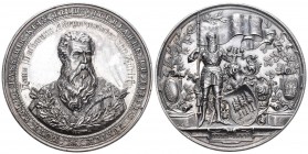 ZÜRICH, Stadt Silbermedaille 1889 (von Mayer u. Wilhelm, 69,8 mm), auf den 400. Todestag von Bürgermeister Hans Waldmann. Brustbild v. vorn / Geharnis...