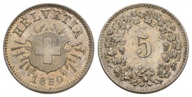 Eidgenossenschaft 5 Rappen 1850. Ohne Münzzeichen. 1.55 g. Divo 9. HMZ 2-1211c. Sehr selten. Prachtvolle Erhaltung. FDC.