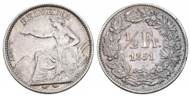 SCHWEIZ. Eidgenossenschaft. 1/2 Franken 1851 A, Paris. 2.51 g. Divo 14. HMZ 2-1205b. Vorzüglich