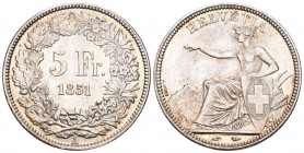 EIDGENOSSENSCHAFT 5 Franken 1851 A, Paris. Divo 12, HMZ 2-1197b, Dav. 376. 24.93 g. vorzüglich bis unzirkuliert