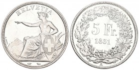 EIDGENOSSENSCHAFT 5 Franken 1851 A, Paris. Divo 12, HMZ 2-1197b, Dav. 376. 24.93 g. fast unzikruliert