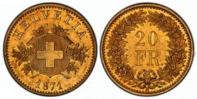 Schweiz 1871 Proben 20 Franken 1871 B, Bern. Geschweiftes Schweizerwappen auf Alpenrosenzweigen. Oben "HELVETIA" unten die Jahrzahl. Rv. Wertangabe in...