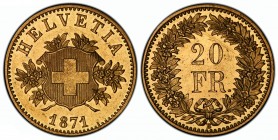 Schweiz 1871 Proben 20 Franken 1871 B, Bern. Geschweiftes Schweizerwappen auf Alpenrosenzweigen. Oben "HELVETIA" unten die Jahrzahl. Rv. Wertangabe in...