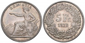 SCHWEIZ. EIDGENOSSENSCHAFT. 5 Franken 1873 B, Bern. 24.93 g. Divo 43. HMZ 2-1197c. Seltener Jahrgang / Rare date. Vorzüglich bis unzirkuliert