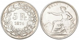 Schweiz, Eidgenossenschaft. AR 5 Franken 1874 B (24.92 g), Mzst. Bern. HMZ 2-1197d. Sehr schön