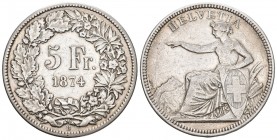 Schweiz, Eidgenossenschaft. AR 5 Franken 1874 B (24.92 g), Mzst. Bern. HMZ 2-1197d. Sehr schön