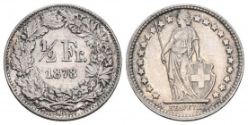 EIDGENOSSENSCHAFT 1/2 Franken 1878 B, Bern. HMZ 2-1206c, K./M. 23.bis unzirkuliert