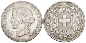 Schweiz 1894 5 Franken 1894 B, Bern. Divo 135, HMZ 2-1198f, Dav. 392. 25.00 g. Selten in dieser Erhaltung. Kl. Kr. sehr schön