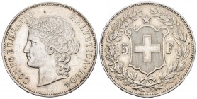 EIDGENOSSENSCHAFT 5 Franken 1904 B, Bern. Divo 212, HMZ 2-1198j, Dav. 392. 24.94 g. Seltenerer Jahrgang. Vorzüglich