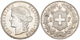 SCHWEIZER MÜNZEN UND MEDAILLEN 5 Franken 1908 B, Bern. Divo 246, HMZ 2-1198l, Dav. 392. 25.02 g. Kl. Kr. Vorzüglich