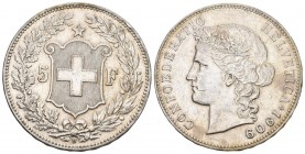 SCHWEIZER MÜNZEN UND MEDAILLEN 5 Franken 1909 B, Bern. Divo 256, HMZ 2-1198m, Dav. 392. 24.96 g vorzüglich