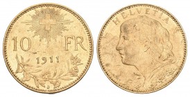 SCHWEIZ / SWITZERLAND. EIDGENOSSENSCHAFT. 10 Franken 1911, Bern. Divo 273, HMZ 2-1196a: Fr. 503. 3,23 g. Gold. Sehr seltener Jahrgang. RR. Vorzüglich