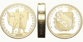 Langenthal. DICKABSCHLAG 1000 Franken in Gold 1991. Hersteller Huguenin, Le Locle. Berner Kantonalschützenfest. Stehender Schweizer Alphirte von vorn ...