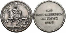 Schwyz. Versilberte Bronzemedaille 1950. Schwyz. 500-Jahrschiessen. 51.47 g. Richter (Schützenmedaillen) 1106a. Selten / Rare. FDC / Uncirculated.