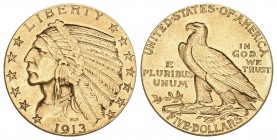 USA 1913 Philadelphia. 5 Dollars (Half Eagle) 1913 (900 fein). Indian Head, Designs and Legends incused. Fr. 148. KM 129. 8,35 g. G O L D vorzüglich