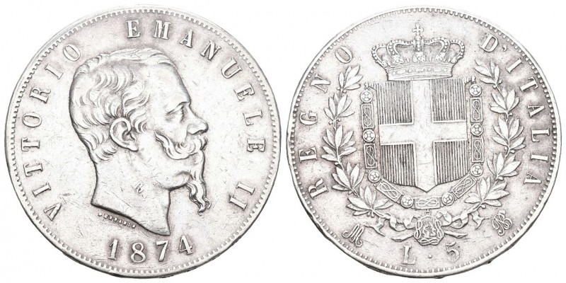 Italien 1874 5 ,Lire Silber 25g KM 8,3 sehr schön