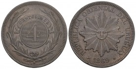 Uruguay 1869 4 Centesimi Bronce KM 13 bis vorzüglich