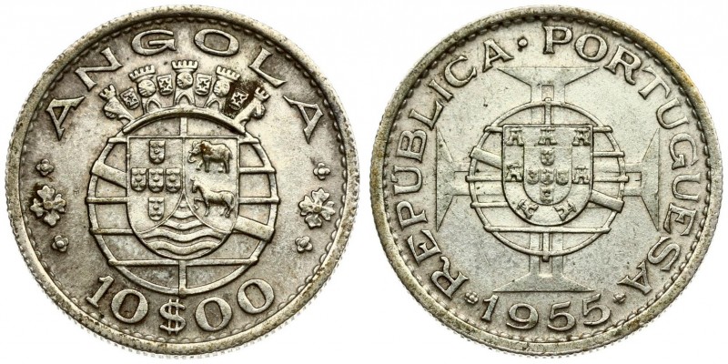 Angola 10 Escudos 1955 Averse: Arms; date below. Reverse: Five crowns above arms...