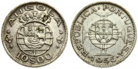 Angola 10 Escudos 1955 Averse: Arms; date below. Reverse: Five crowns above arms; value below. Silver. KM 73