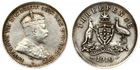 Australia 1 Threepence 1910 Edward VII(1901-1910). Averse: Bust right. Reverse: Arms. Edge Description: Plain. Silver. KM 18