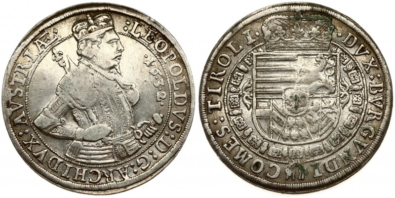 Austria 1 Thaler 1632 Leopold(1619 - 1635). Averse: Crowned 1/2-length figure ri...