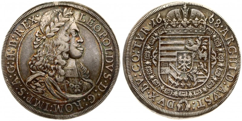 Austria 1 Thaler 1668 Hall. Leopold I(1657-1705). Averse: With lion's head in sh...
