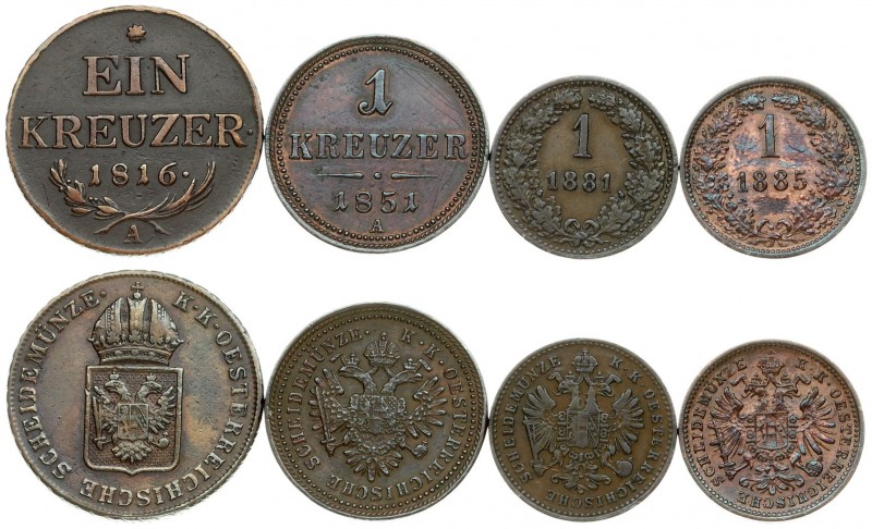Austria 1 Kreuzer 1816A & 1851A & 1881 & 1885. Averse: Crowned imperial double e...