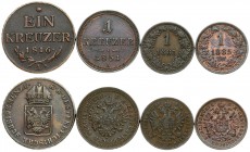 Austria 1 Kreuzer 1816A & 1851A & 1881 & 1885. Averse: Crowned imperial double eagle. Reverse: Denomination Copper. KM 2113; 2185; 2186; 2187. Lot of ...