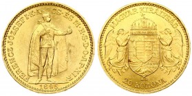 Austria Hungary 20 Korona 1895 KB Kremnitz. Franz Joseph I(1848-1916). Averse: Emperor standing. Reverse: Crowned shield with angel supporters. Gold. ...