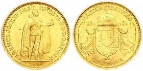 Austria Hungary 20 Korona 1897 KB Kremnitz. Franz Joseph I(1848-1916). Averse: Emperor standing. Reverse: Crowned shield with angel supporters. Gold. ...
