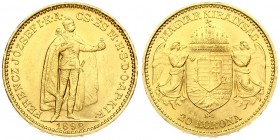 Austria Hungary 20 Korona 1898 KB Kremnitz. Franz Joseph I(1848-1916). Averse: Emperor standing. Reverse: Crowned shield with angel supporters. Gold. ...