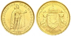 Austria Hungary 20 Korona 1899 KB Kremnitz. Franz Joseph I(1848-1916). Averse: Emperor standing. Reverse: Crowned shield with angel supporters. Gold. ...