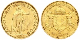 Austria Hungary 20 Korona 1900 KB Kremnitz. Franz Joseph I(1848-1916). Averse: Emperor standing. Reverse: Crowned shield with angel supporters. Gold. ...