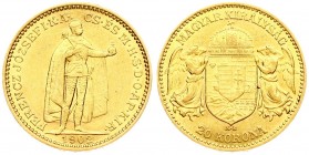 Austria Hungary 20 Korona 1902 KB Kremnitz. Franz Joseph I(1848-1916). Averse: Emperor standing. Reverse: Crowned shield with angel supporters. Gold. ...