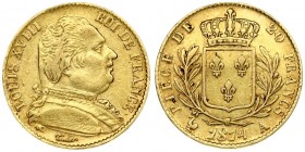 France 20 Francs 1814A Louis XVIII(1814-1824). Averse: Uniformed bust right. Averse Legend: LOUIS XVIII ROI DE FRANCE. Reverse: Crowned arms within wr...