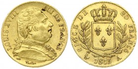 France 20 Francs 1815A Louis XVIII(1814-1824). Averse: Uniformed bust right. Averse Legend: LOUIS XVIII ROI DE FRANCE. Reverse: Crowned arms within wr...
