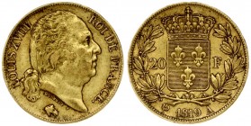 France 20 Francs 1819A Louis XVIII(1814-1824). Averse: Head right. Averse Legend: LOUIS XVIII ROI DE FRANCE. Reverse: Crowned arms within wreath. Gold...