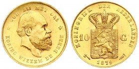 Netherlands 10 Gulden 1879 William III(1849-1890). Averse: Head right. Averse Legend: KONING WILLEM DE DERDE * GOD ZIJ MET ONS. Reverse: Crowned arms ...