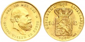 Netherlands 10 Gulden 1880 William III(1849-1890). Averse: Head right. Averse Legend: KONING WILLEM DE DERDE * GOD ZIJ MET ONS. Reverse: Crowned arms ...