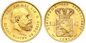 Netherlands 10 Gulden 1889 William III(1849-1890). Averse: Head right. Averse Legend: KONING WILLEM DE DERDE * GOD ZIJ MET ONS. Reverse: Crowned arms ...
