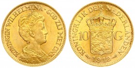 Netherlands 10 Gulden 1912 Wilhelmina I(1890–1948). Averse: Head right. Reverse: Crowned arms divide value. Edge Description: Reeded. Gold. KM 149