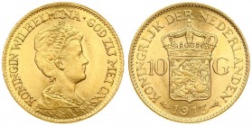 Netherlands 10 Gulden 1913 Wilhelmina I(1890–1948). Averse: Head right. Reverse: Crowned arms divide value. Edge Description: Reeded. Gold. KM 149