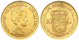 Netherlands 10 Gulden 1917 Wilhelmina I(1890–1948). Averse: Head right. Reverse: Crowned arms divide value. Edge Description: Reeded. Gold. KM 149