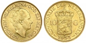 Netherlands 10 Gulden 1933 Wilhelmina I(1890–1948). Averse: Head right. Reverse: Crowned arms divide value. Edge Description: Reeded. Gold. KM 162
