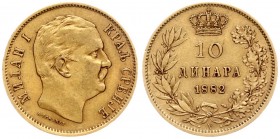 Serbia 10 Dinara 1882 Milan I(1868-1889). Averse: Head right. Reverse: Value; date within crowned wreath. Gold. KM 16