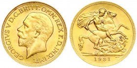 South Africa 1 Sovereign 1931 George V(1910-1936). Averse: Modified effigy; slightly smaller bust. Reverse: St. George slaying dragon. Gold. KM A22