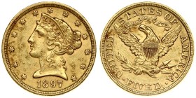 USA 5 Dollars 1897 Philadelphia. Liberty / Coronet Head - Half Eagle With motto. Averse: The bust of Liberty with the date below. Lettering:* * * * * ...