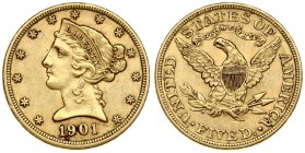 USA 5 Dollars 1901 Philadelphia. Liberty / Coronet Head - Half Eagle With motto. Averse: The bust of Liberty with the date below. Lettering:* * * * * ...